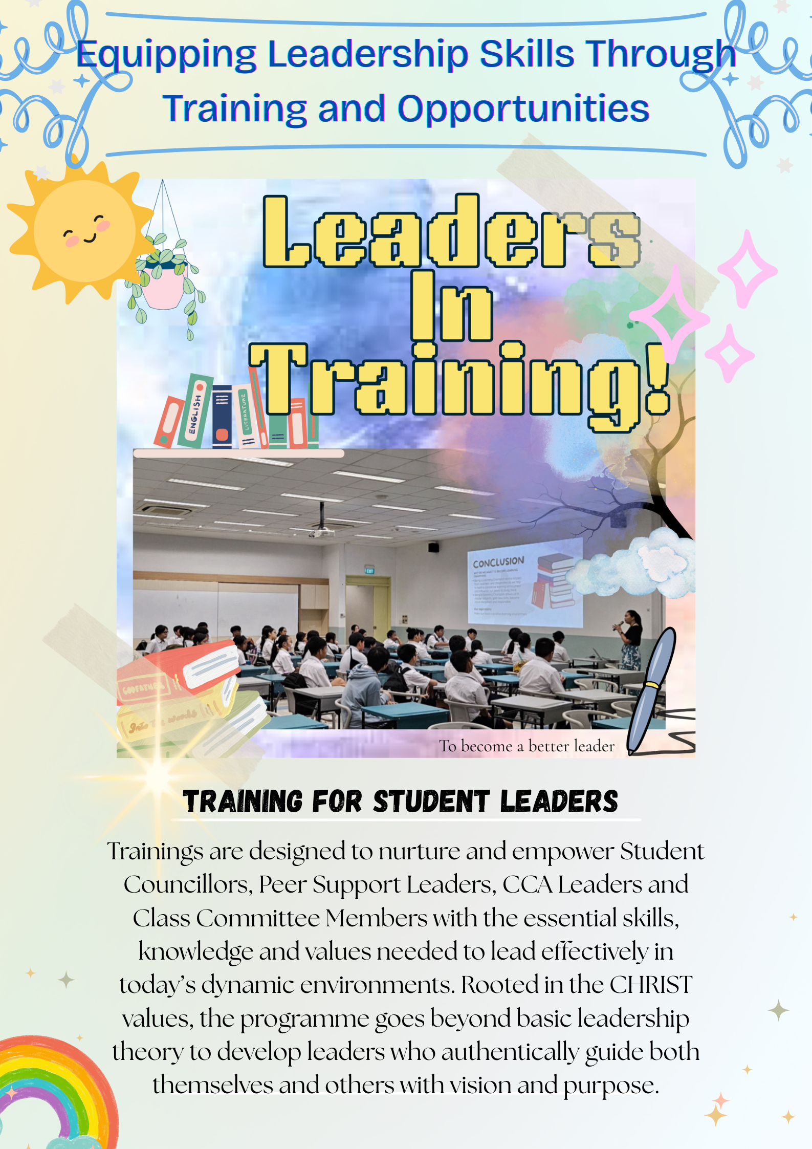 Flyer titled Leaders In Training showing students in a classroom with text about student leadership training.